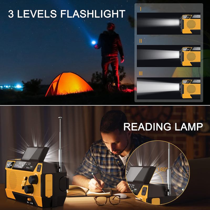 Yestiwc 7400mWh Emergency Crank Radio, Hand Crank Solar Radio, Battery Radio Emergency with NOAA/AM/FM, Power Bank, Hand Crank/SOS Alert&Flashlight Reading Lamp for Emergency Camping Storm Survival Orange