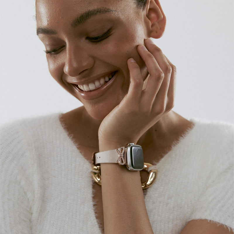 Crystal Bowknot Geniune Leather Watch Band for Women Compatible for Apple Watch 38/40/41/42/44/45/46/49mm, Slim Leather Strap Ivory & Rose Gold 42(Series 10-11)/38/40/41mm