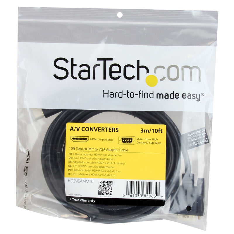 StarTech 10ft Active HDMI to VGA Cable, 1920 x 1200, 1080p (HD2VGAMM10) | Active HDMI to VGA monitor and computer cable, 3m, Built-in cable, Digital to analog conversion, Connect at greater distances HDMI to VGA Cable - 10ft / 3m