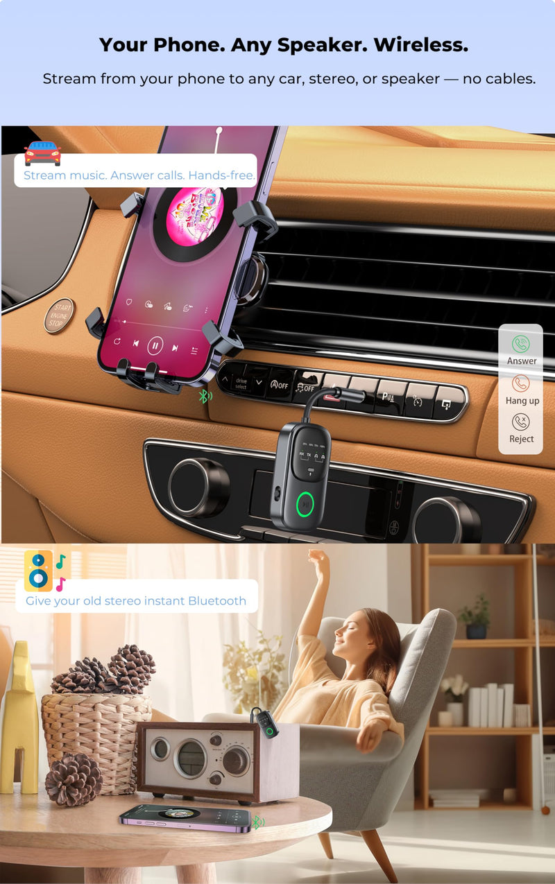 [AUSTRALIA] - Bluetooth Transmitter Receiver 2-in-1: Car Handsfree Mic, TV & Airplane Audio | Connect 2 Headphones | 18-Hr Battery 