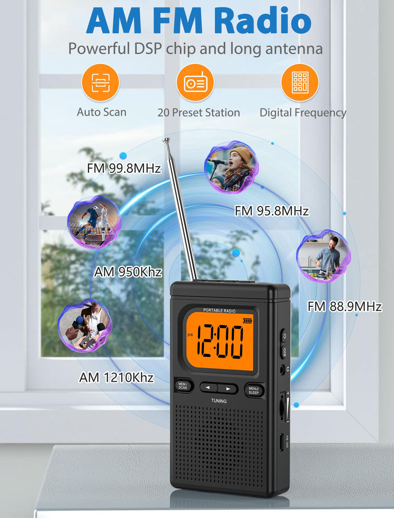 [AUSTRALIA] - 2000mAh Rechargeable AM FM Radio with Bluetooth Portable Transistor Pocket Radio with Best Reception Digital Tuning, Flashlight,LCD Screen,Earphone Jack, Sleep Timer and Alarm Clock for Jogging Black 