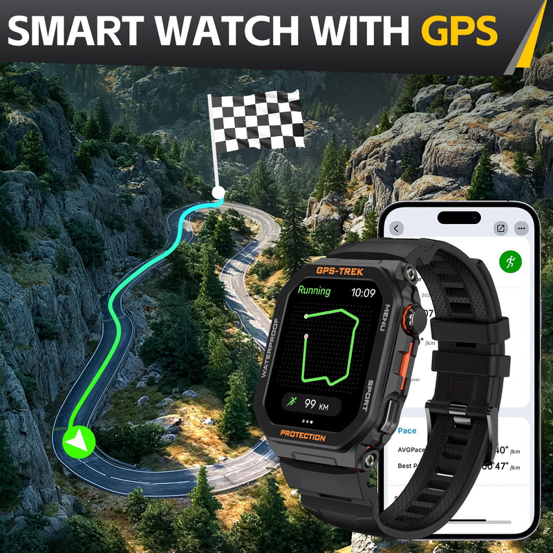 Military Smart Watches for Men Built-in GPS with Bluetooth Call 1.75" HD | Rugged Tactical Smartwatch Big Screen IP68 Waterproof Fitness Tracker Watch with Heart Rate Sleep Monitor for iPhone Android Black-orange