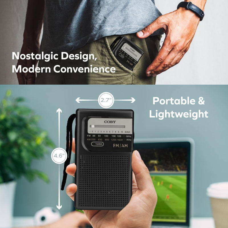 [AUSTRALIA] - Coby Portable AM/FM Radio – Retro Battery Operated Pocket Radio with Powerful Speakers, Long 800-Hour Battery, Clear Reception, Emergency & Travel Transistor Device for Home or Outdoors B-Black 