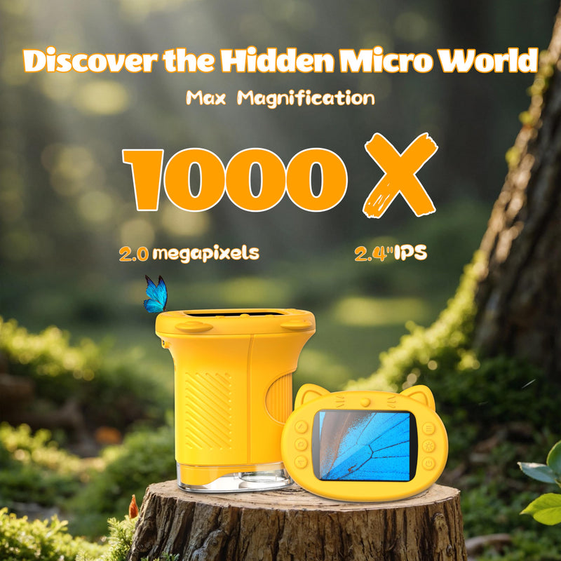 [AUSTRALIA] - Kids Microscope, 1000X Portable Mini Pocket Microscope with 2.4″ IPS Screen & 8 LEDs, Rechargeable, STEM Educational Science Kit Toys, Best Christmas Birthday Gifts for 4-12 Year Old Girls Yellow 