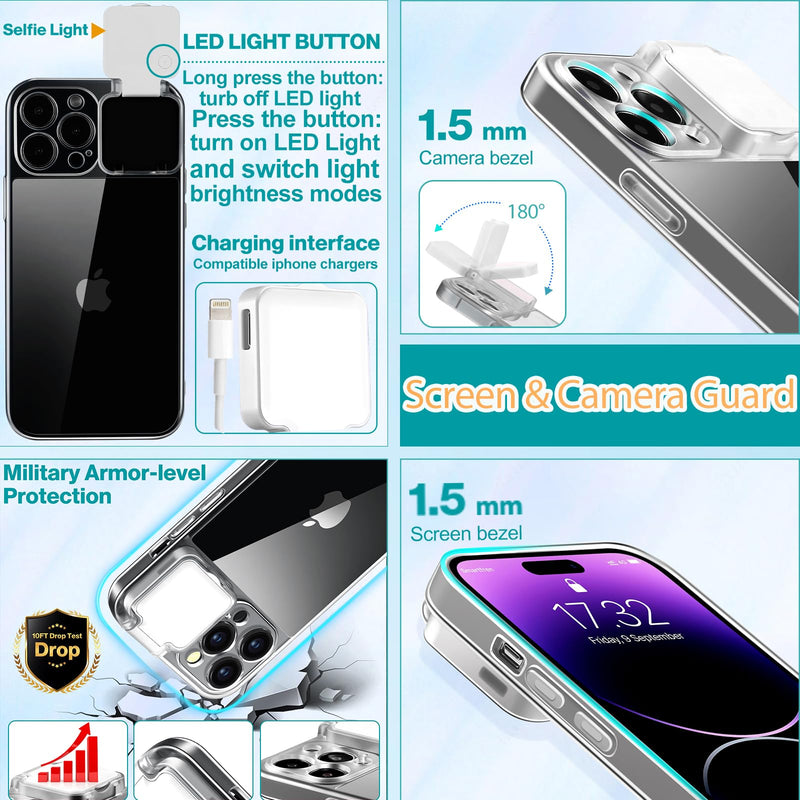 Selfie Light for iPhone 12 Pro Max Case with LED Built-in Light-Up Fill Light Rechargeable for TIK Tok/Stream/Makeup/Live/Video- Selfie (2 Models, 3 Level Brightness) Crystal Clear