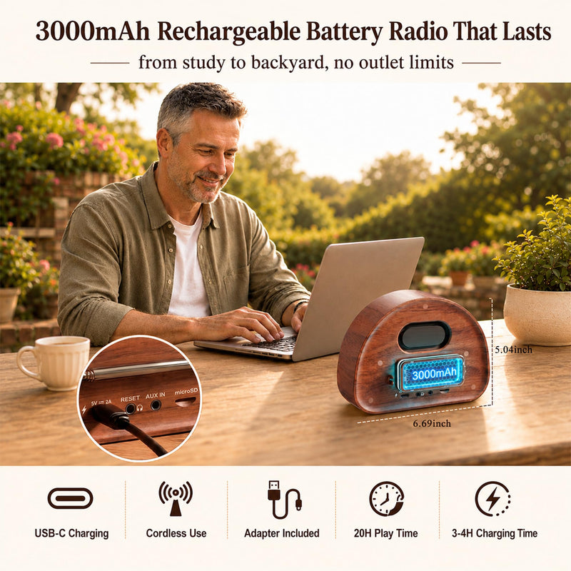 Eoxsmile Retro Portable FM Radio with NOAA Weather Alert & Bluetooth | MicroSD playback, 40 presets, dual alarms, sleep timer, clock/date display, 3000mAh rechargeable battery for bedroom and home