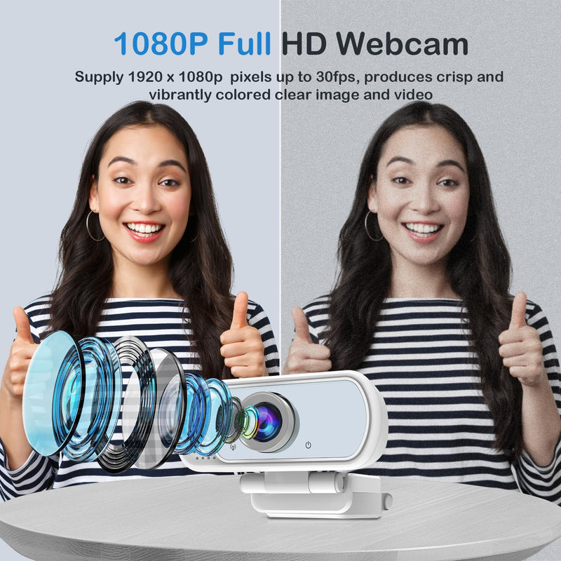 [AUSTRALIA] - Webcam with Microphone,Webcam 1080p White,USB Web Camera 110-Degree View Angle Computer Camera,Webcam Tripod/Privacy Cover/USB C Adapter Include,Plug and Play for Video Conferencing 