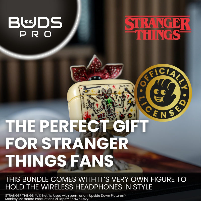 Buds Pro Stranger Things Hellfire Club Wireless Bluetooth EarBuds & Phone Holder - In Ear Headphones with Microphone, 28+ Hours Playtime, Active Noise Cancelling Earbuds, IPX4 Rating & Charging Case