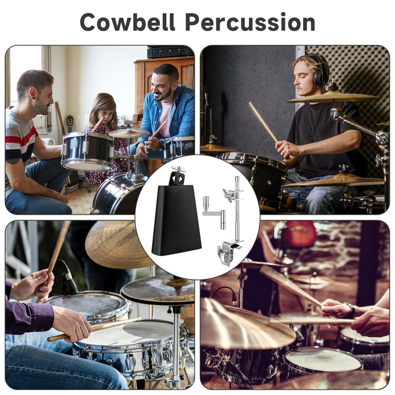 6 Inch Cowbell and Cowbell Clamp, Cowbell Holder Percussion Accessory for Drum Sets, Adjustable Standard Cowbell Mount Holder, Bass Drum Hoop Up or Down Drum Key