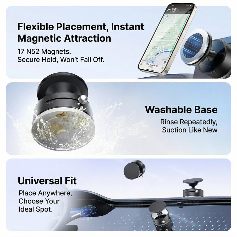 Vacuum Magnetic Car Phone Mount 360degrees Rotation Phone Holder for Car 17 N52 Magnets Strong Suction Cup Phone Mount for Latest Smartphones 16 15 14 13 12 Android Cell Phone Holders