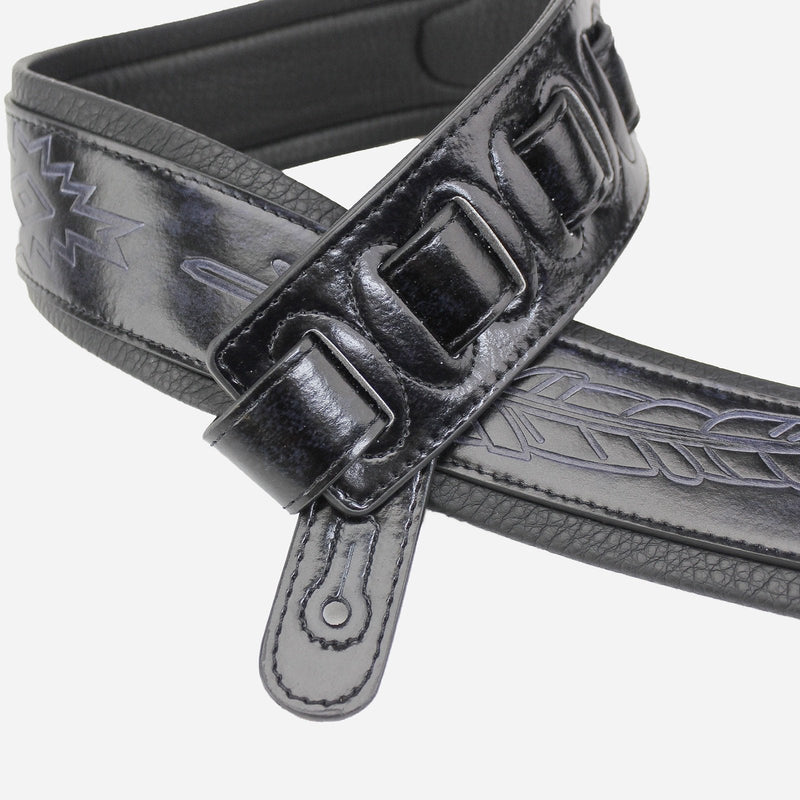 Walker & Williams GB-136 Handmade Brushed Black Padded Guitar Strap With Native American Feather Design For Acoustic, Electric, And Bass Guitars