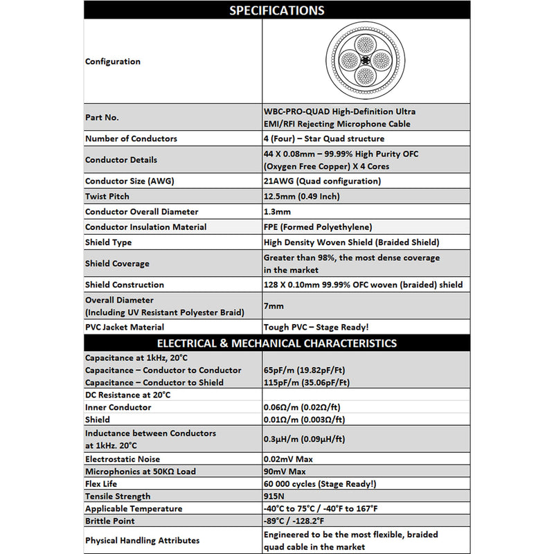 12 Foot - WBC-PRO-Quad Ultra-Silent Ultra-Flexible Balanced Star-Quad Cable with Neutrik Male & Female XLR Plugs & Black Tweed Jacket