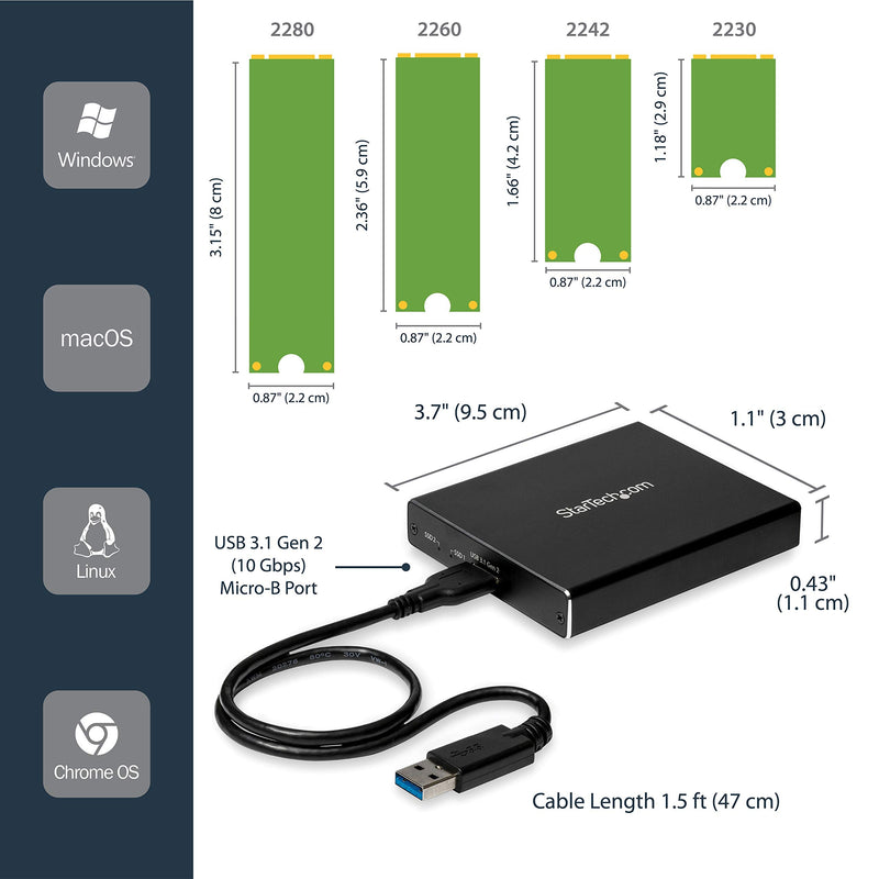 StarTech.com Dual-Slot Hard Drive Enclosure for M.2 SATA SSDs - USB 3.1 (10Gbps) - Aluminum - M.2 to SATA - Raid Drive Enclosure (SM22BU31C3R) USB-A & USB-C Dual M.2 SATA