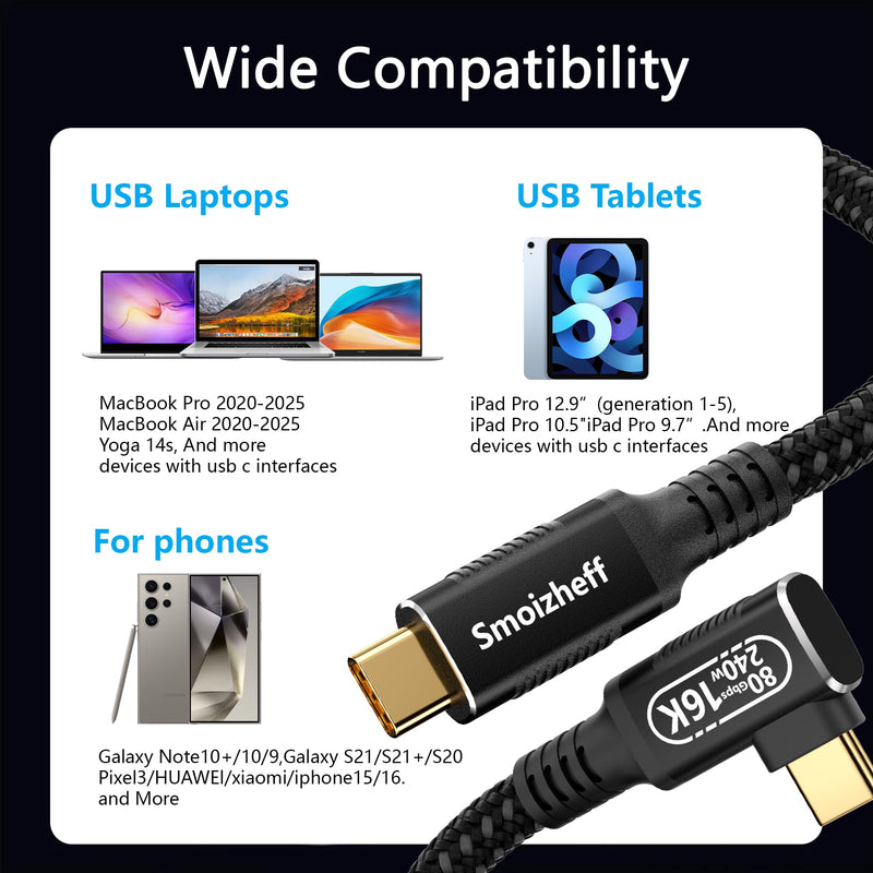 10ft/3m USB5 Cable with 90 Degree Right Angle,for Thunderbolt 5/4,Nylon Braided USB C Cable,80Gbps Data Transfer, Coaxial Structure for 8K@120Hz/16K@60Hz Video,240W Fast Charging Cord 10ft/3m