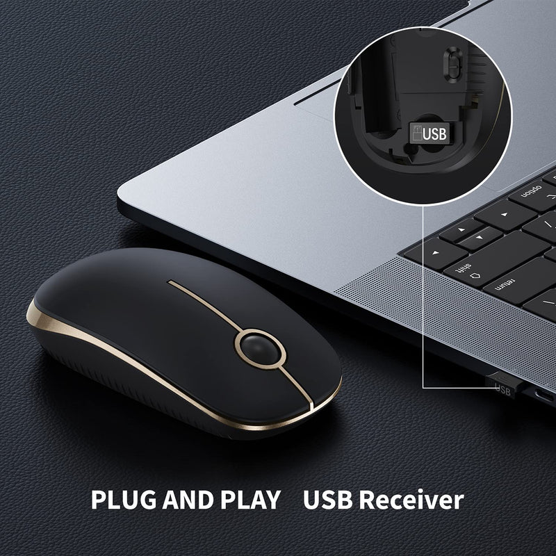VssoPlor Wireless Mouse, 2.4G Slim Portable Computer Mice with Nano Receiver for Notebook, PC, Laptop, Computer (Black and Gold) Black and Gold