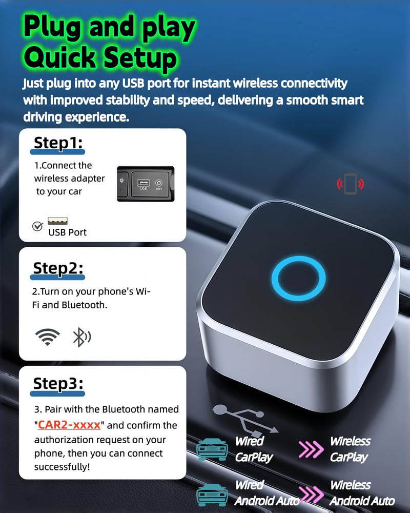 【Compatible with 2016-2021 Sierra（Wired Model）】 Wireless Adapter | 2-in-1 Wireless CarPlay & Android Auto Adapter【Designed for IntelliLink Infotainment System】Small & discreet