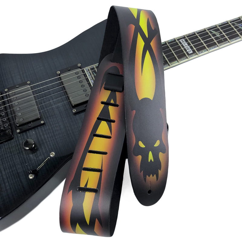 Perri's Leathers Ltd. Direct To Leather Guitar Straps: Bold Designs for Acoustic/Bass/Electric Guitars - Made in Canada Yellow Skull Barbed Wire