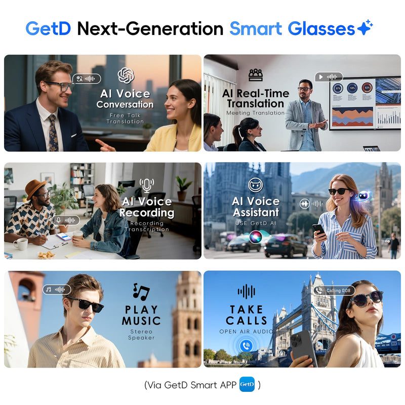 GetD AI Glasses, Smart Glasses Powered by ChatGPT, Real-Time AI Translation | Polarized lens, AI translation in 145 languages, Hands‑free calls, Immersive audio, Holds AI conversations, 11H Playtime