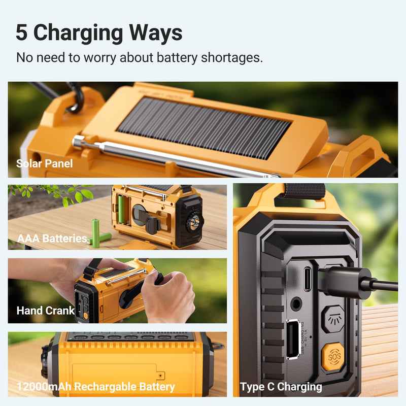 Mesqool 12000 Emergency Radio, Auto Digital Weather Radio NOAA/AM/FM/SW Battery Backup Crank with Flashlight Phone Charger, Portable Solar Powered Radio Backlit LCD Display, SOS Yellow/Black