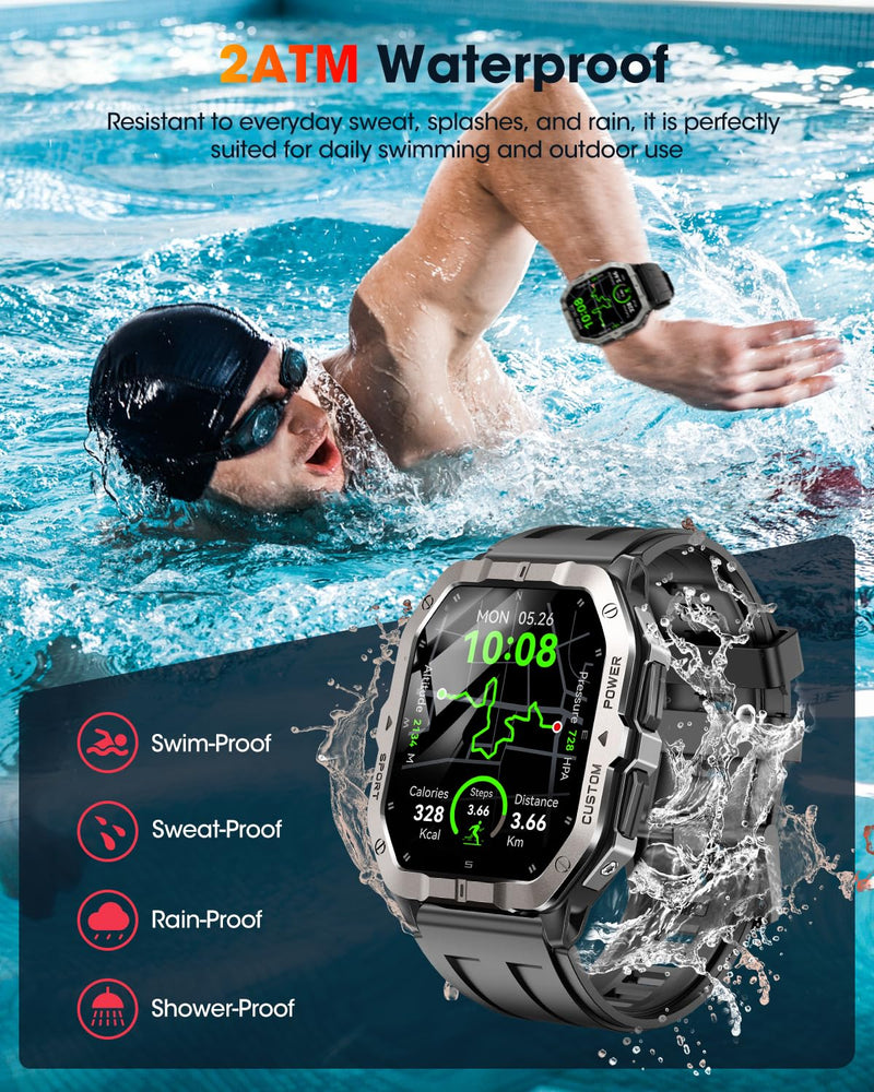 Military Smart Watches Built-in GPS, Bluetooth Call 2.02'' Smart Watches for Men, Heart Rate Monitor, Sleep Monitor, 2 ATM Waterproof, 100+ Sports Modes for Android iPhone grey Min:190mm Max:250mm