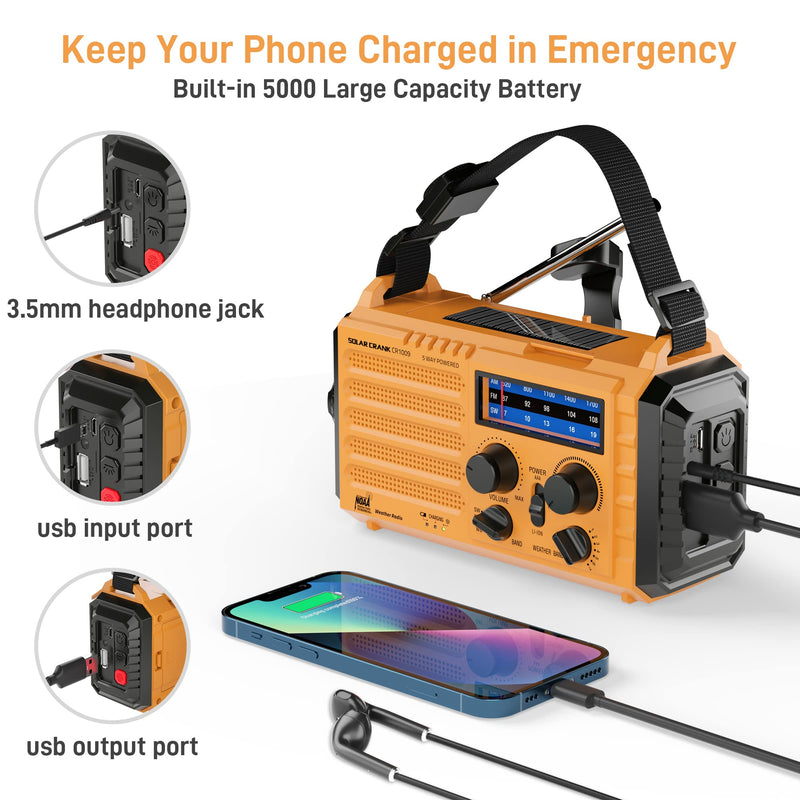 [AUSTRALIA] - Eoxsmile Emergency Radio with NOAA Weather Alert, 5000mAh Solar Hand Crank Portable AM/FM Shortwave Radio, Rechargeable Battery Powered, USB Charger, Flashlight, SOS Alarm for Home Outdoor Survival Yellow 