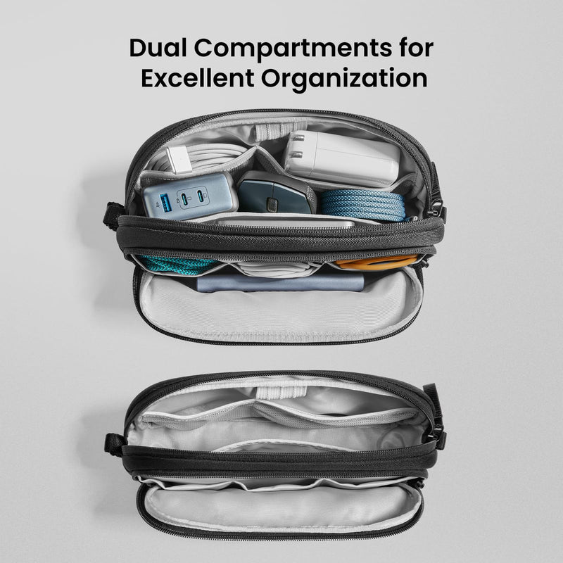 tomtoc Electronic Organizer Travel Case, Water Resistant Dual Compartment Tech Pouch Cable Organization Storage Bag for Charger, Cord, Phone, Hard Drive, Power Bank, Accessories Travel Essentials Black M