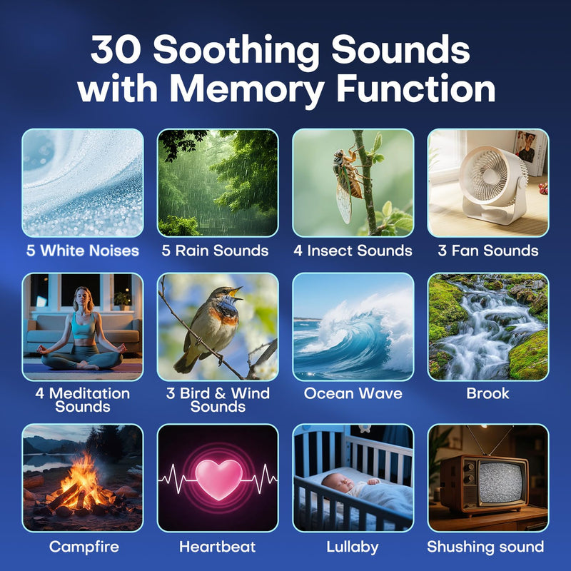 Sound Machine Light Projector, 30 Sleep Sounds for Adult, Bluetooth Speaker | 3-in-1 Baby Sound Machine: 30 sleep sounds (white/brown noise, fans, rain), Bluetooth 5.3 speaker & 15-color light projector.