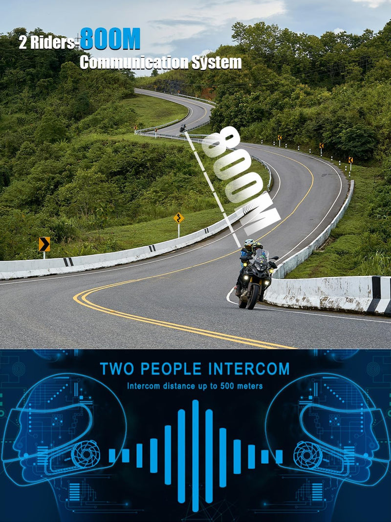 MAXTO MX1 Motorcycle Bluetooth Headset for 2 Riders 800M Intercom, 1 Pack | IPX6 Waterproof, HiFi Stereo Sound, Universal Intercom Communication Systems, 2 in1 Microphone, Motorcycle Helmet Speakers