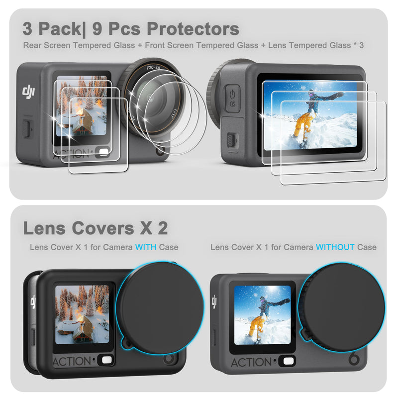 FiTSTILL Silicone Rubber Case+3Pack Tempered Glass Protector Compatible for DJI Osmo Action 6,Rubber Case&Lens Caps&Screen Protectors&Lanyardfor Protective Full Cover Shell Action6 Accessories Kit