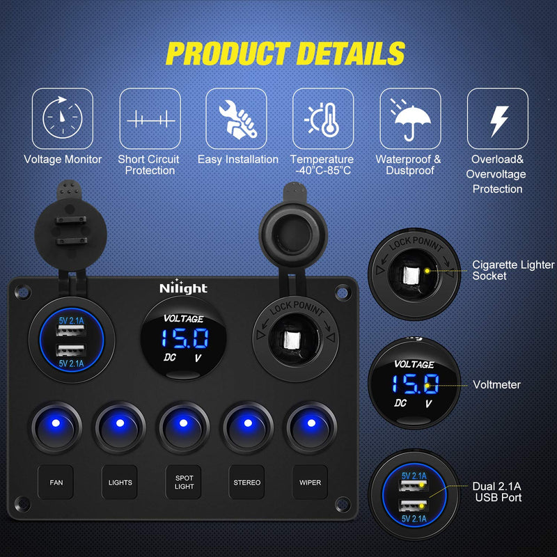 Nilight 90101E 5Gang Multi-Function 5 Gang Rocker Dual USB Charger + Digital Volmeter +12V Outlet Pre-Wired Switch Panel with Circuit Breakers for RV Car Boat Truck Trailer,2 Years Warranty,Blue Blue