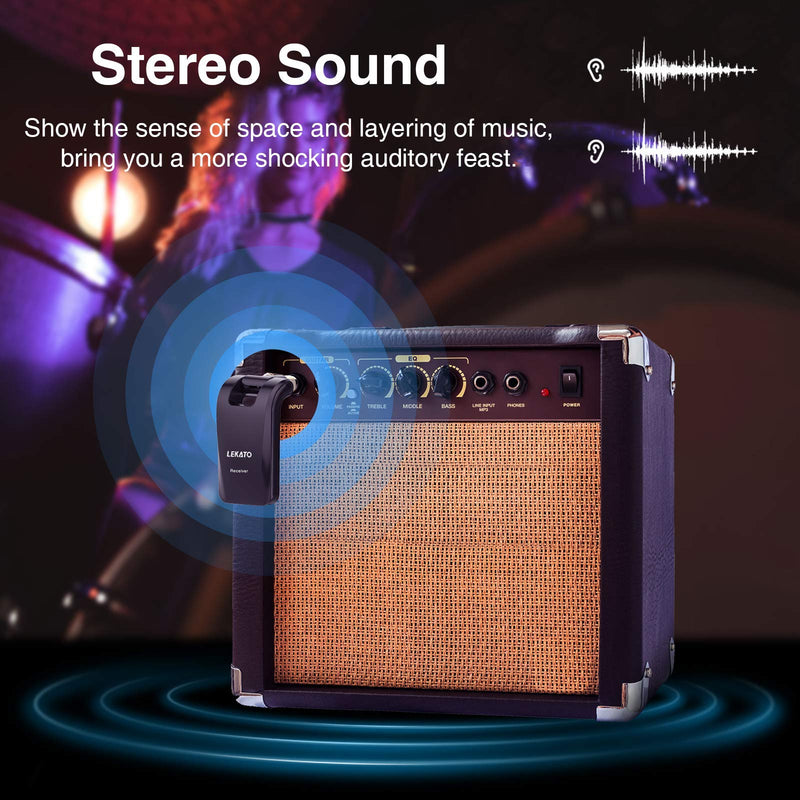 [AUSTRALIA] - LEKATO Wireless Guitar System 2.4GHz Rechargeable Audio Wireless Transmitter Receiver 6 Channels for Guitar Bass Electric Instruments, Stereo and Mono 1/4” & 1/8” 2 in 1 Plugs,Black(WS-60) black 