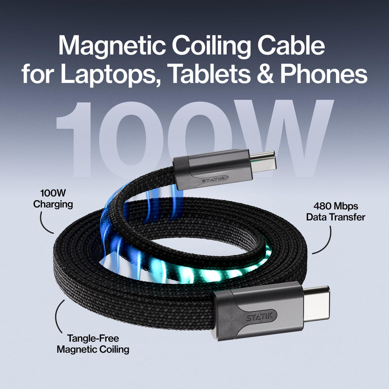 Statik MagStack Slim Pro USB C to C Flat Coil Magnetic Charging Cable, 100W | Flat Magnetic Coiling, Travel-Friendly, Nylon Braided Tangle-Free for iPhone and Android, Data Transfer, 3FT Black, 3 Pack 3.3FT (3 Pack) USB-C to USB-C