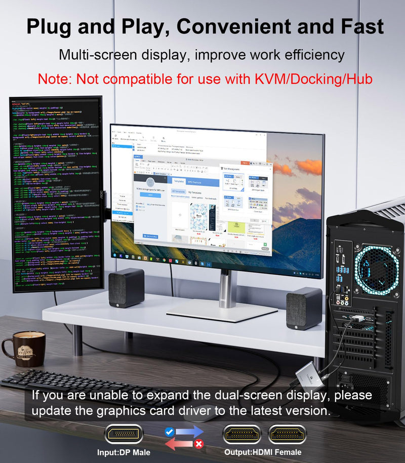 DisplayPort to Dual HDMI Adapter (4K@60Hz) DP to HDMI Splitter for Dual Monitors Extended Display MST Display Port to HDMI 1 in 2 Out Hub for PC, Graphics Card
