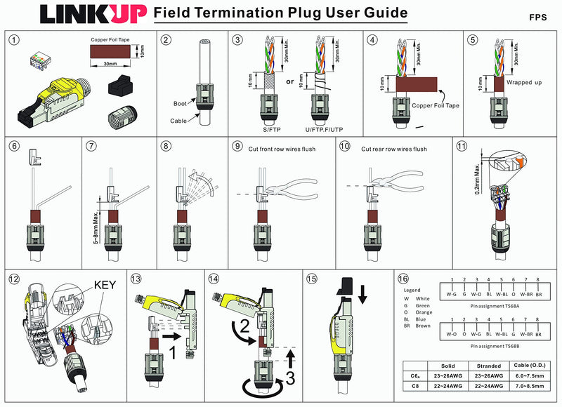 LINKUP Cat6A RJ45 Connectors | 6-Pack, White | shielded modular termination, tool-free, gold-plated, for solid and stranded Ethernet cable FTP Plug - White
