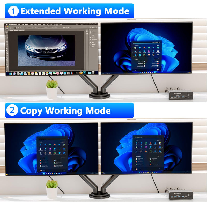 KVM Switch 2 Monitors 2 Computers, 8K@60Hz KVM Switch DisplayPort Extended Display, 4K@120Hz, KVM Switches for 2 Computers Sharing 2 Monitor, 4 USB 3.0 Devices Such as Keyboard, Printer, Scanner,Mouse Dual DP 2 Monitor