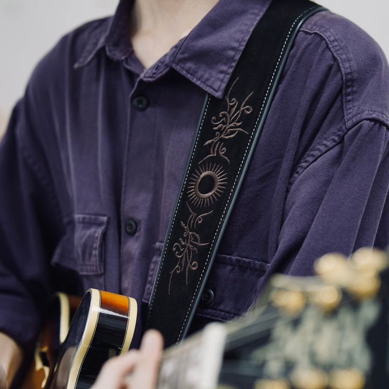[AUSTRALIA] - Amumu Embroidered Suede Leather Guitar Strap for Acoustic, Electric and Bass Guitar - Black Sun-flower Embroidered 
