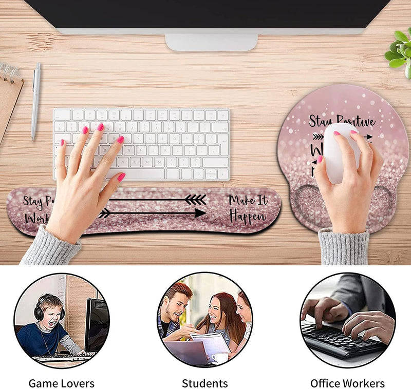 Ergonomic Mouse Pad Wrist Support Gel and Keyboard Wrist Rest Set for Laptop , Gaming and Office, Durable, Comfortable and Pain Relief + Coaster,Stay Positive Work Hard and Make It Happen Pink Glitter