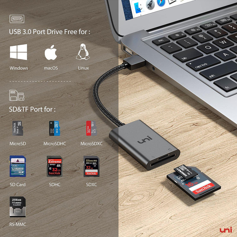 SD Card Reader, uni USB 3.0 to SD/Micro SD Card Adapter, Aluminum High Speed USB to External Memory Card Readers for SD, SDXC, SDHC, MMC, RS-MMC, Micro SDXC, MicroSD, Micro SDHC, and UHS-I Cards