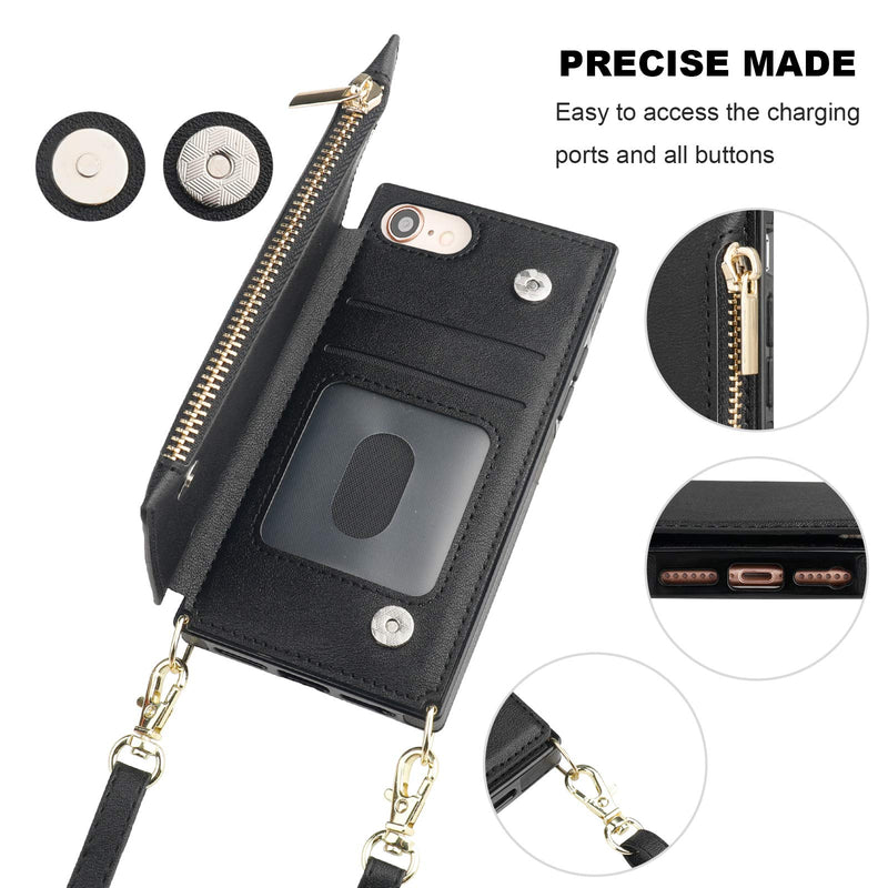 Bocasal Crossbody Wallet Case for iPhone SE 2022/SE 2020/7/8 with Card Holder,Zipper Card Slot Protector Shockproof Purse Cover with Removable Cross Body Strap 4.7 Inch(Black) Black For iPhone 7/8/SE3 2022/SE2 2020(4.7 inch display)