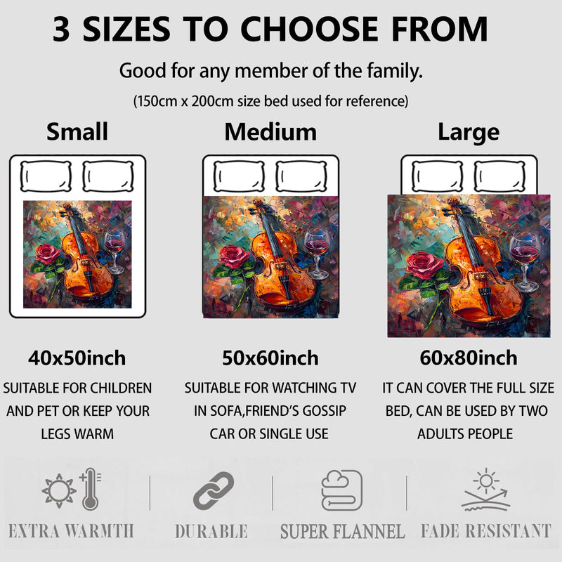 Violin Rose Blanket Gifts for Music Lovers Musician, Soft Warm Cozy Flannel Blankets for Home, Bedroom, Travel, Camping, Musical Instrument and Wine Glass Throw, Romantic Decor 50x60 inch Violin and Wine 50"x60"