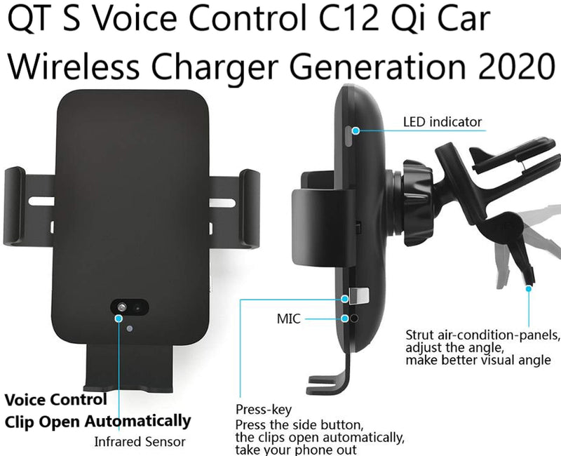 QT S Wireless Car Charger Qi Auto Clamp Voice Control Touch Sensor Infrared Induction Fast Charging Wireless Holder Compatible iPhone 12 12Pro Max 11/11 Pro/11 Pro Max/XS/XS Max/XR/X/8 Samsung Note9