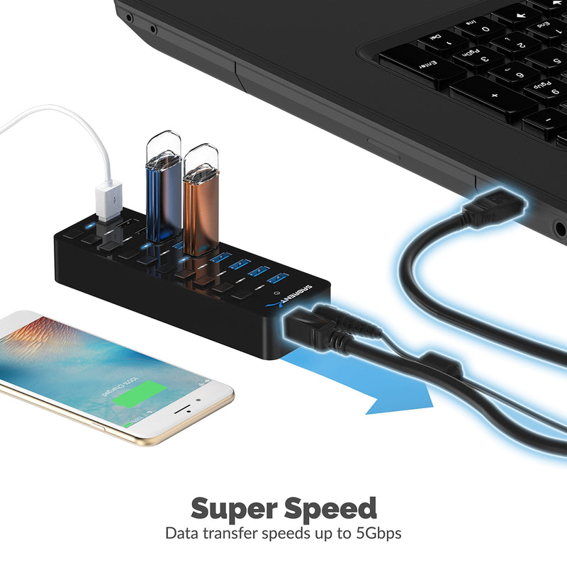 SABRENT 60W 10-Port USB 3.0 Hub Includes 3 Smart Charging Ports with Individual Power Switches and LEDs and 60W 12V/5A Power Adapter (HB-B7C3) 7 + 3 Charging Ports