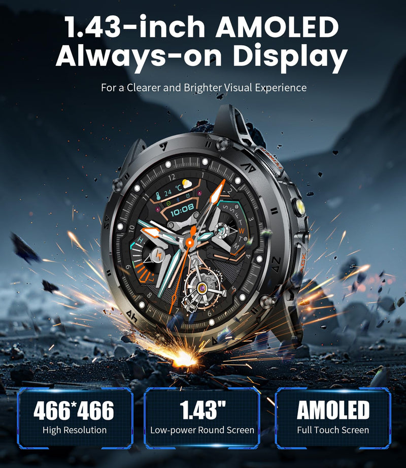 LIGE Military Smart Watch for Men iPhone Android 1.43" HD Amoled Rugged 120+ Sport Modes IP68 Waterproof Answer/Make Call Fitness Running Heart Rate Blood Pressure Health Mens Smartwatch EF6-E Gun Black Black