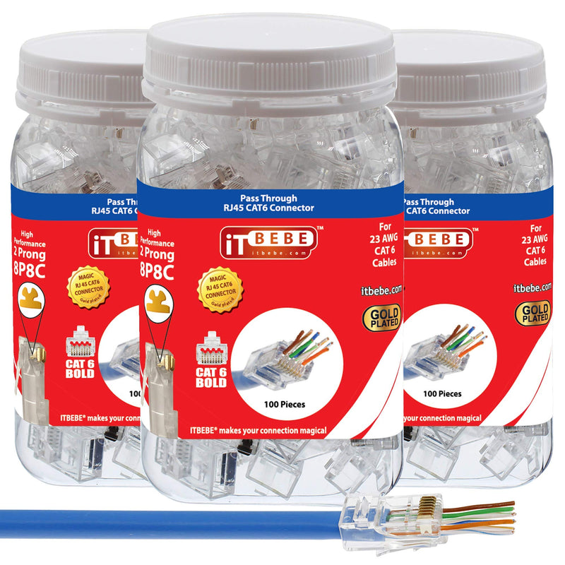 ITBEBE 300 Pieces RJ45 Cat6 cat6a Pass Through Connectors - Gold Plated Transparent Passthrough Ethernet Insert Crimp Connector UTP Network Plug for 23 AWG Cables Quantity 300