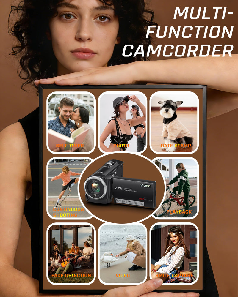 Video Camera Camcorder, QHD 2.7K 56MP 16X Digital Zoom Vlogging Camera | 2.8" 270° Rotatable Screen Camcorder, Built-in LED Fill Light Camcorder for YouTube with 32GB Card and Two Batteries Charcoal