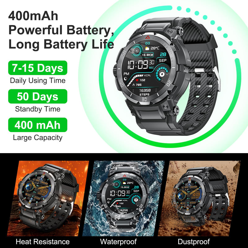 Smart Watch with Earbuds for Men, 1.53" HD Screen Military Watch, Answer/Make Calls, Sports Fitness Trackers with Heart Rate, Blood Oxygen, Sleep Monitor, for Men Dad Husband 98black