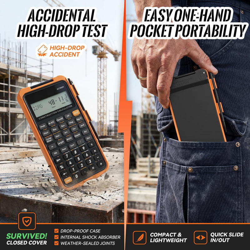 Construction Calculator Engineering Calculator with Writing Tablet | Professional Math Tool for Contractors, Carpenters, Feet-Inch-Fraction Converter with Sturdy Protective Cover Gray Orange Construction Calculator with Writing Tablet