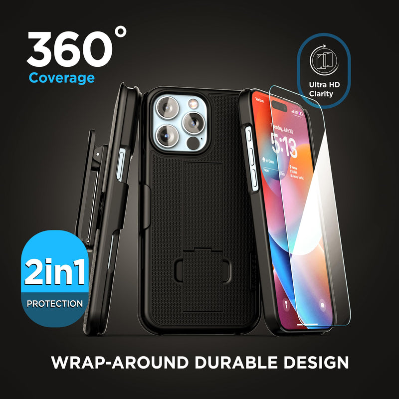 Encased DuraClip for iPhone 16 Pro Max Belt Clip Holster Case with Tempered Glass Screen Protector (Black) (Pack of 2) iPhone 16 Pro Max (Pack of 2) Black