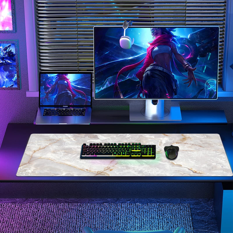 Galdas Large Mouse Pad Marble Pattern XXL XL Large Mouse Pad Mat Long Extended Mousepad Desk Pad Non-Slip Rubber Mice Pads Stitched Edges Thin Pad (31.5x11.8x0.12“)