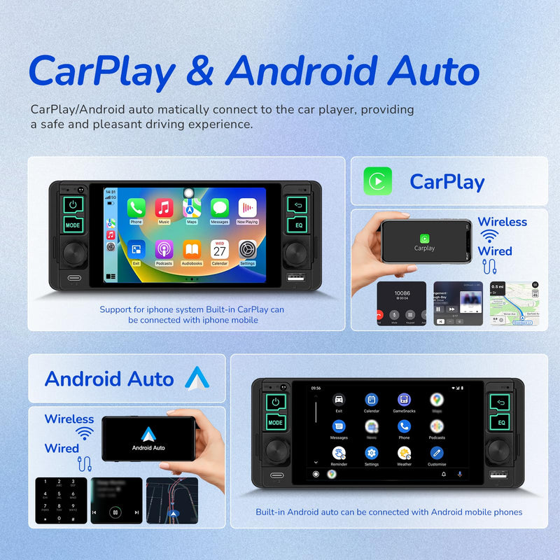 Single Din Radio Car Stereo with Wireless and Wired CarPlay & Android Auto 5.1" with Bluetooth 5.2 Car Audio Receiver AM&FM, EQ, TF, AUX＆USB, Fast Charging, AHD Backup Camera MIC